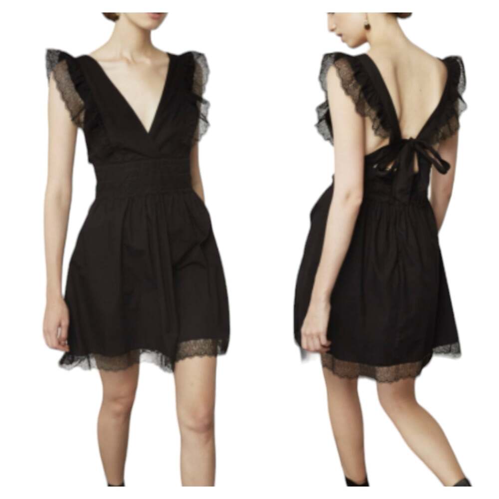 Magali Pascal Vivienne Black Mini Dress Eyelet Lace Detail Backless with Tie S